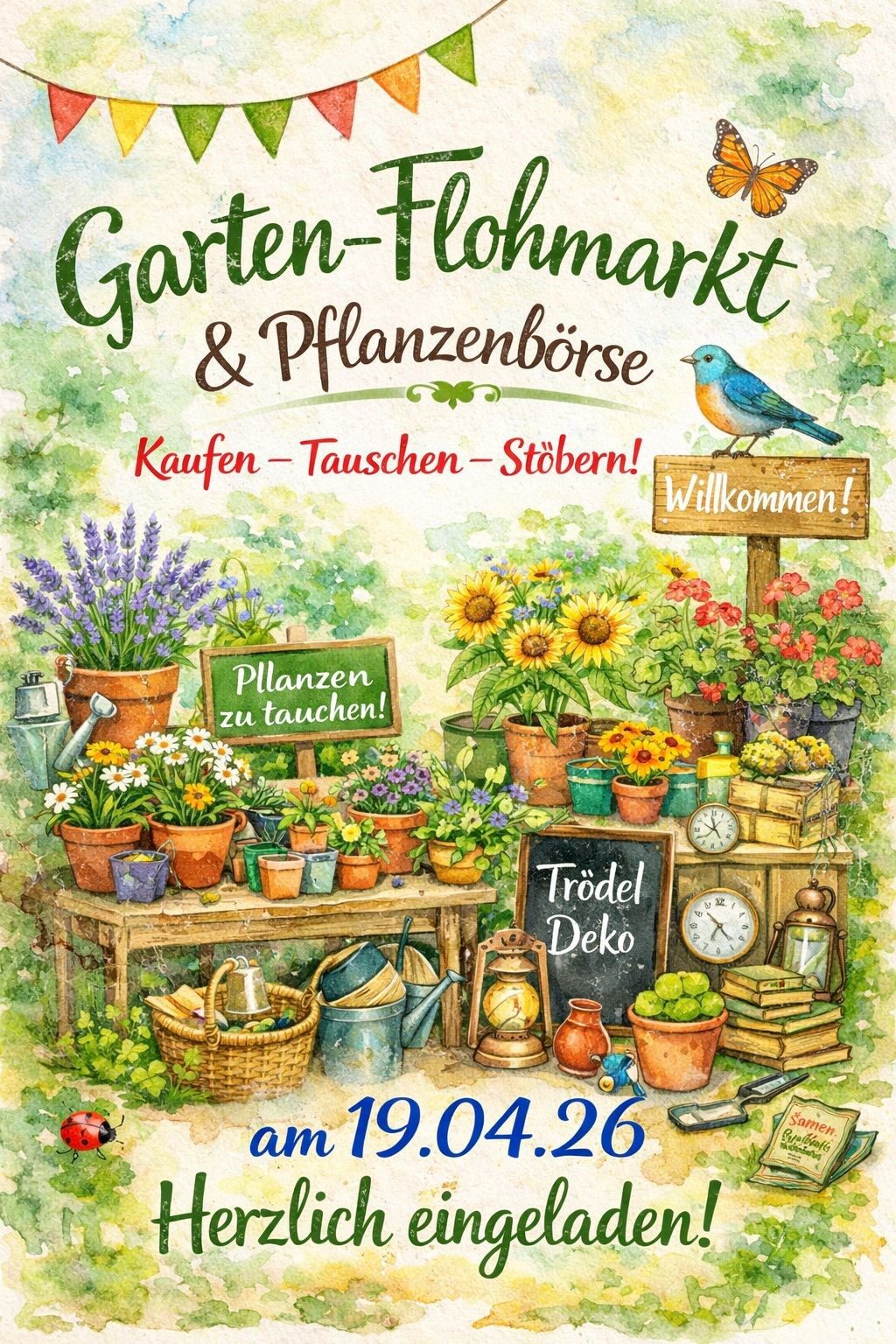 Plakat zum Garten-Flohmarkt und zur Pflanzenbörse am 19.04.2026