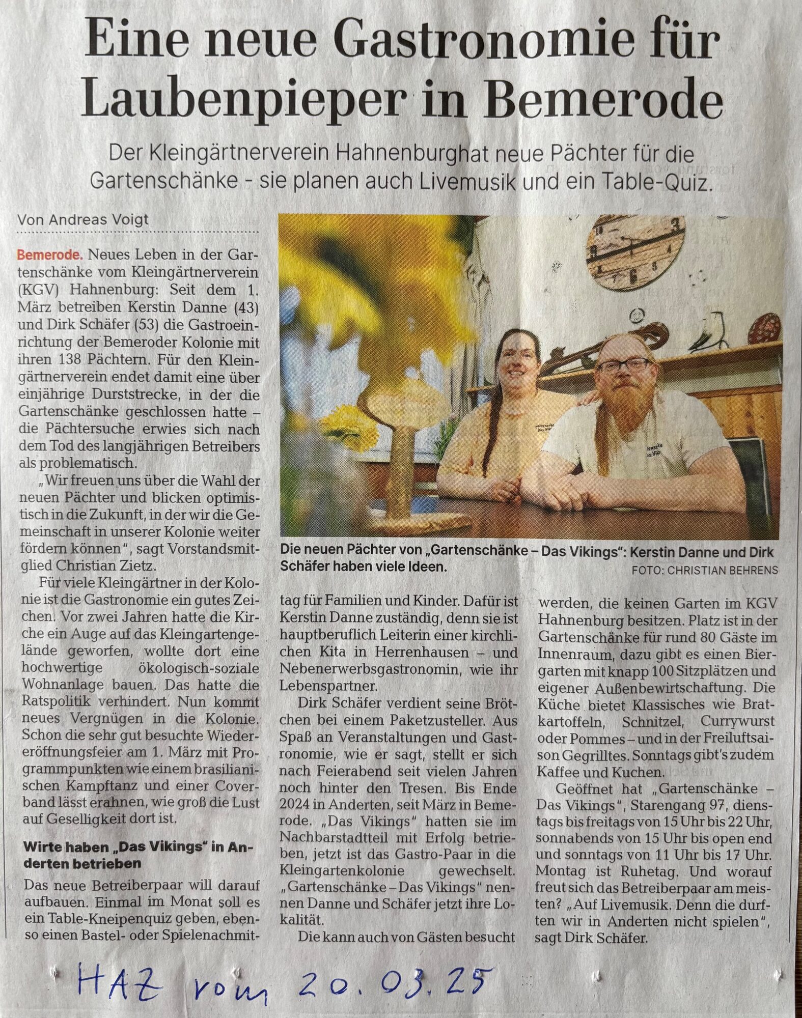 Zeitungsbericht der HAZ vom 20.03.2025 über die neuen Pächter der Gartenschänke